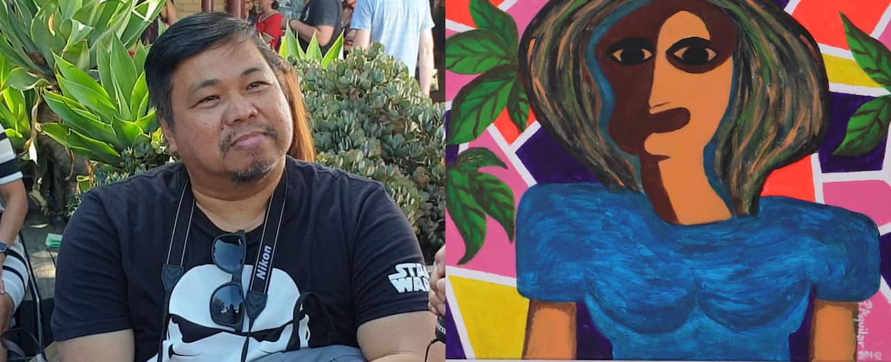 Doods Aguilar and the painting he dedicates to his mother.