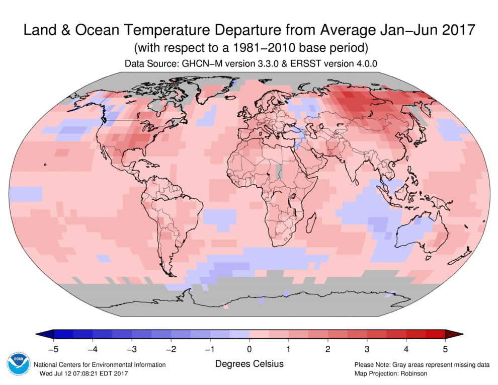 Temperature difference from normal during first half of 2017.