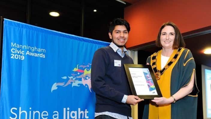 Humdaan Hafeez receiving the Young Citizen of the Year award by Manningham Council, Victoria. 