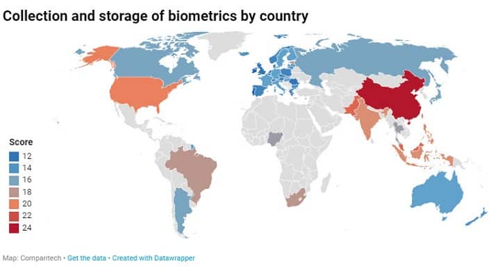 Map showing scores of 50 countries analysed by Comparitech.