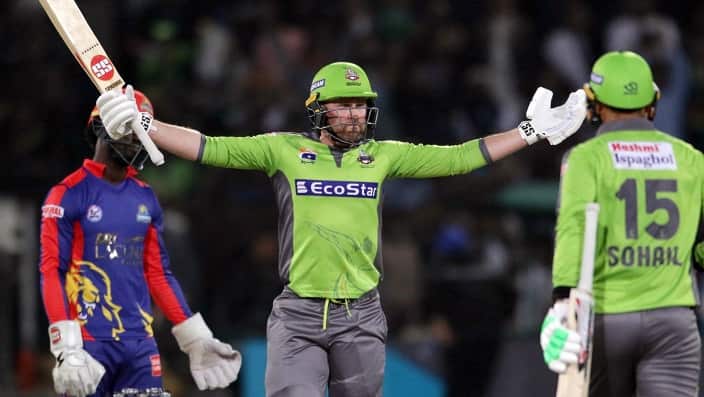 Ben Dunk of Lahore Qalandars reacts after winning the Pakistan Super League (PSL) T20 series match, against Karachi Kings, in Lahore, Pakistan, 08 March 2020.