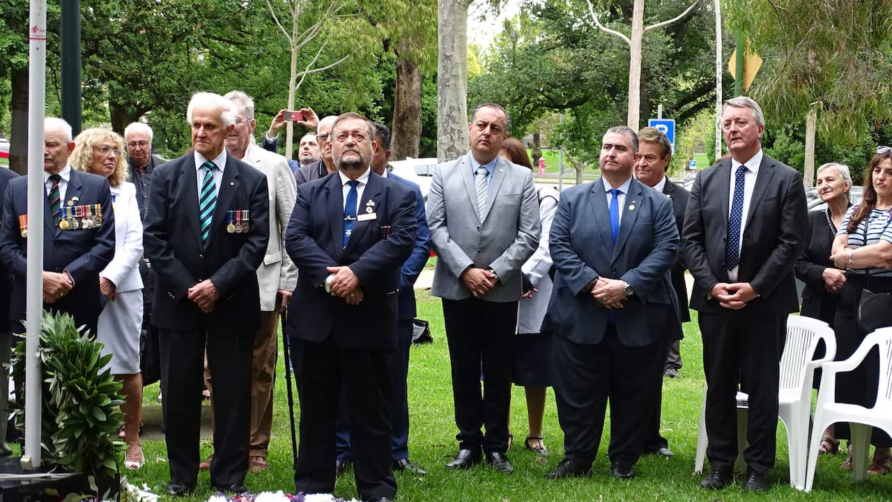 Victorian Health Minister Martin Foley, Senator Lee Tarlamis, and Antonis Tsourdalakis, at the Australian-Greek Memorial, Melbourne. 