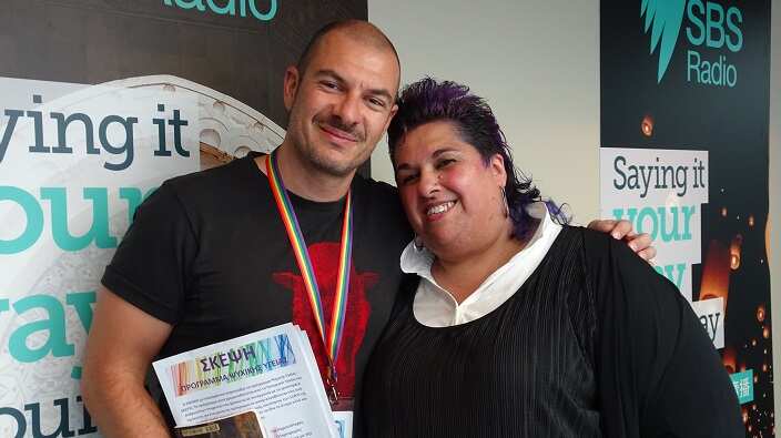 SBS Greek's Panos Apostolou with LGBTI 'SKEPSI' Project Officer, Maria Bololia. 