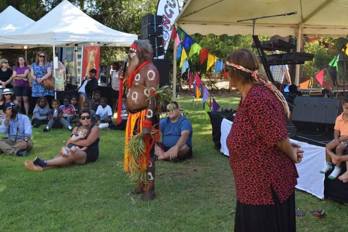 Tjungu Festival. Traditional welcome and Inma ceremony by Anangu Senior Elders Murray George and Alison Hunt,Voyages Ayers Rock Resort Yulara.
