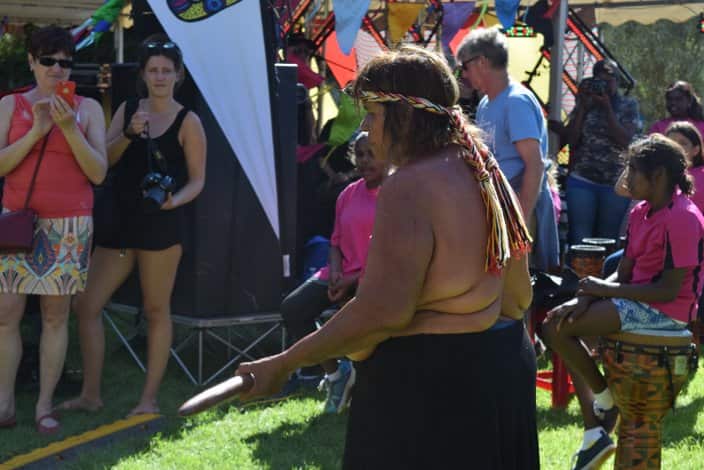 Anangu senior law woman Alison Hunt performing at the opening Inma ceremony Tjungu festival 2017. Voyages Ayers Rock Resort.