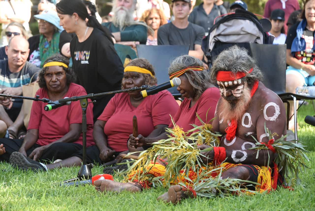 Senior Anangu Elders performing the Inma ceremony at the Tjungu Festival 2017. Voyages Ayes Rock Resort. 