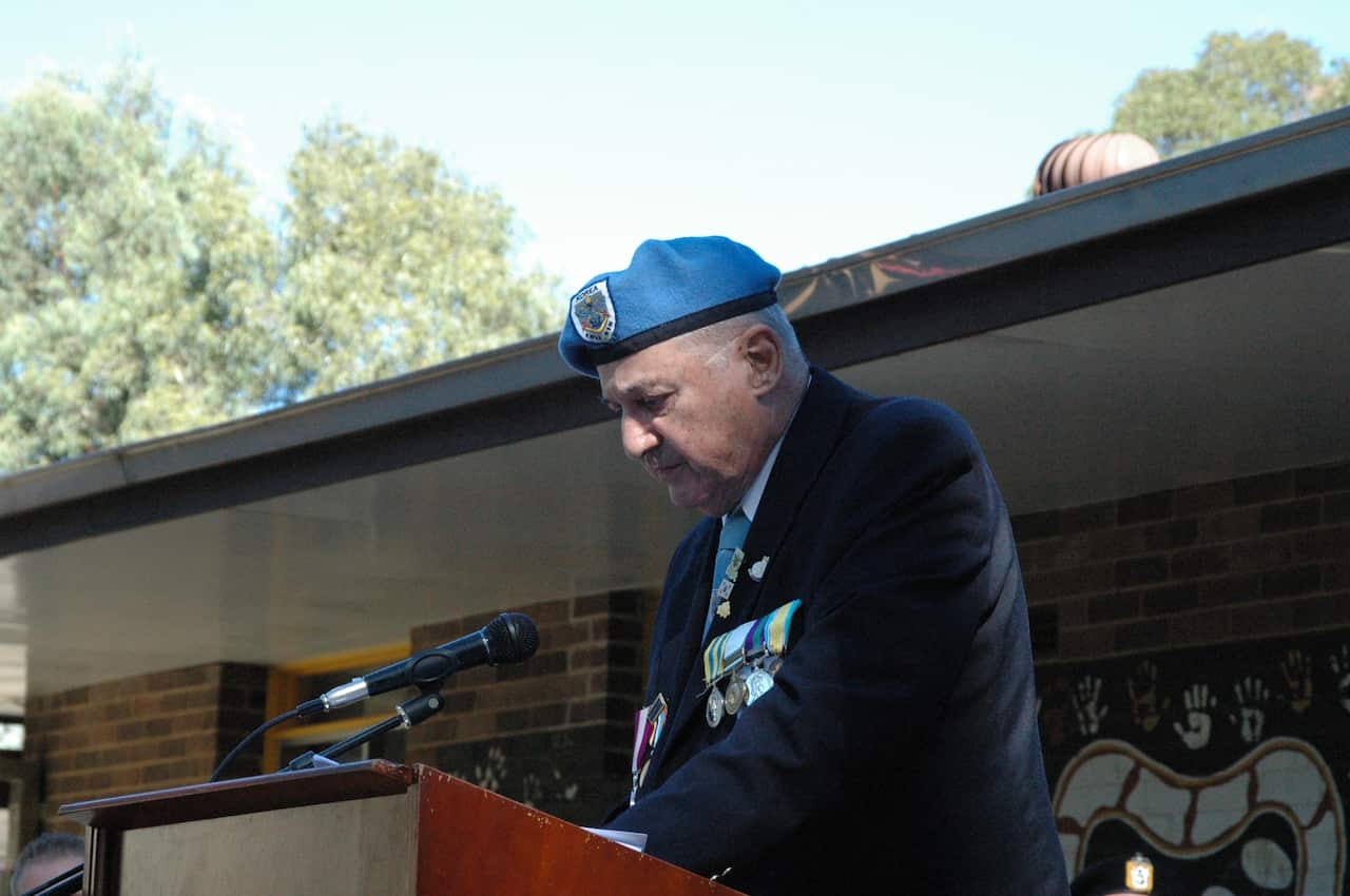 The New South Wales Korean War Veterans Association Emeritus President Mick Kohlhoff making a speech