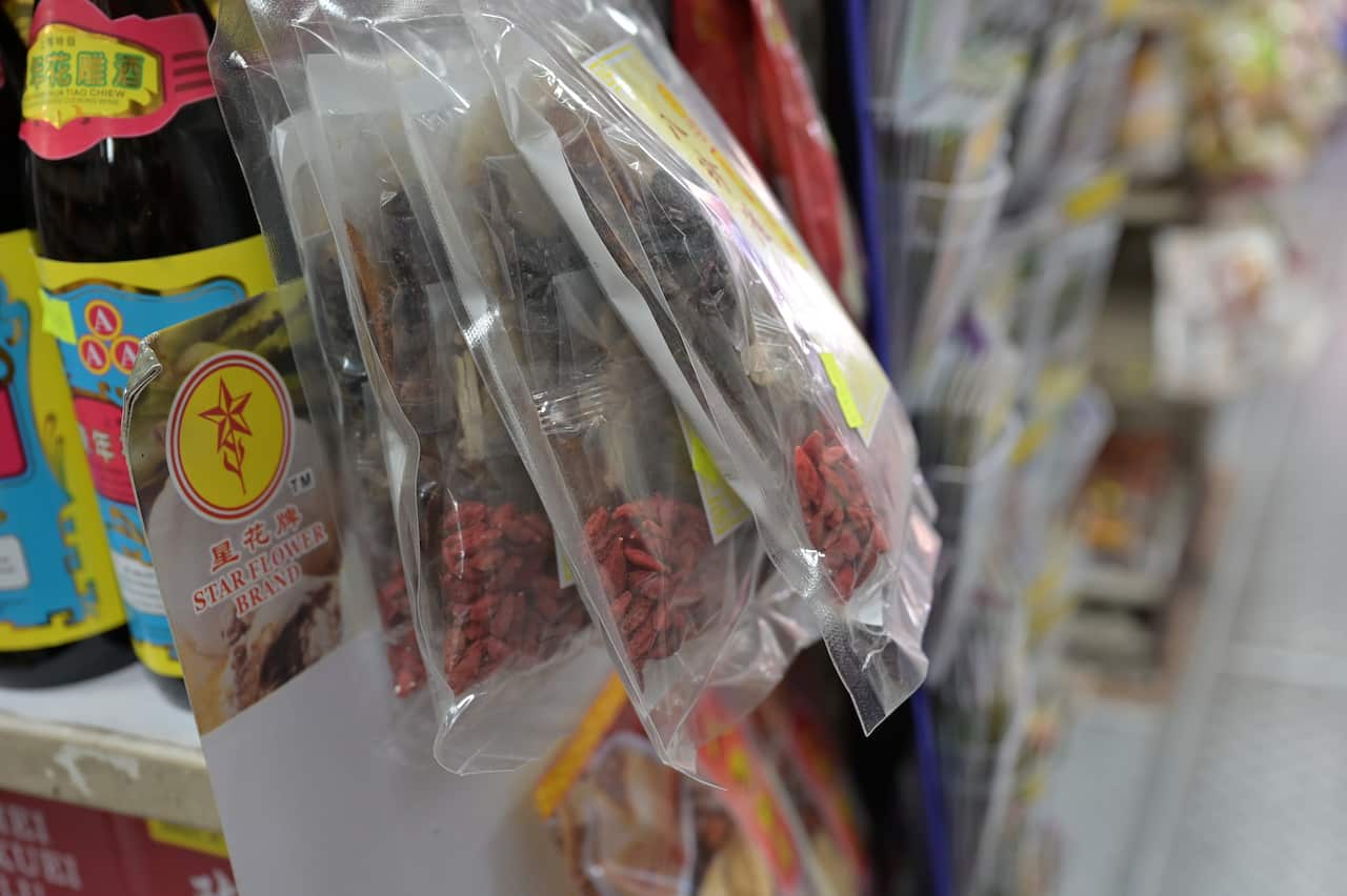Chinese soup ingredients sold in a traditional Asian grocery story. 