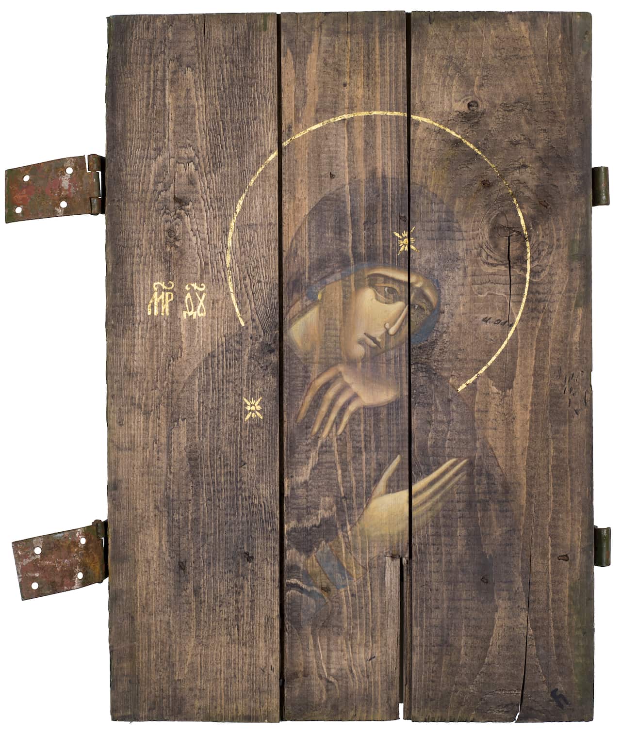 An icon painted on wooden planks from ammunition boxes by O.Klimenko and S.Atlantova