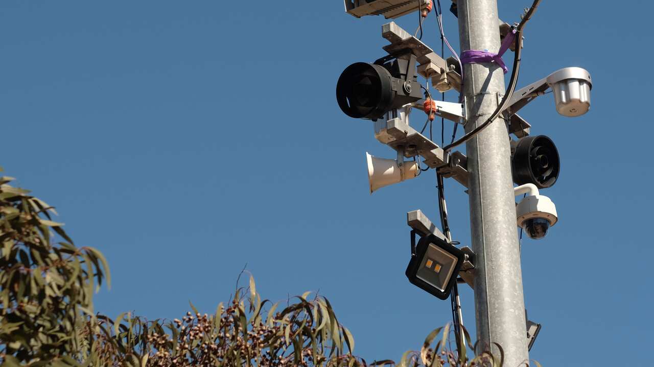 Speakers and security cameras at Federation Square, Melbourne
