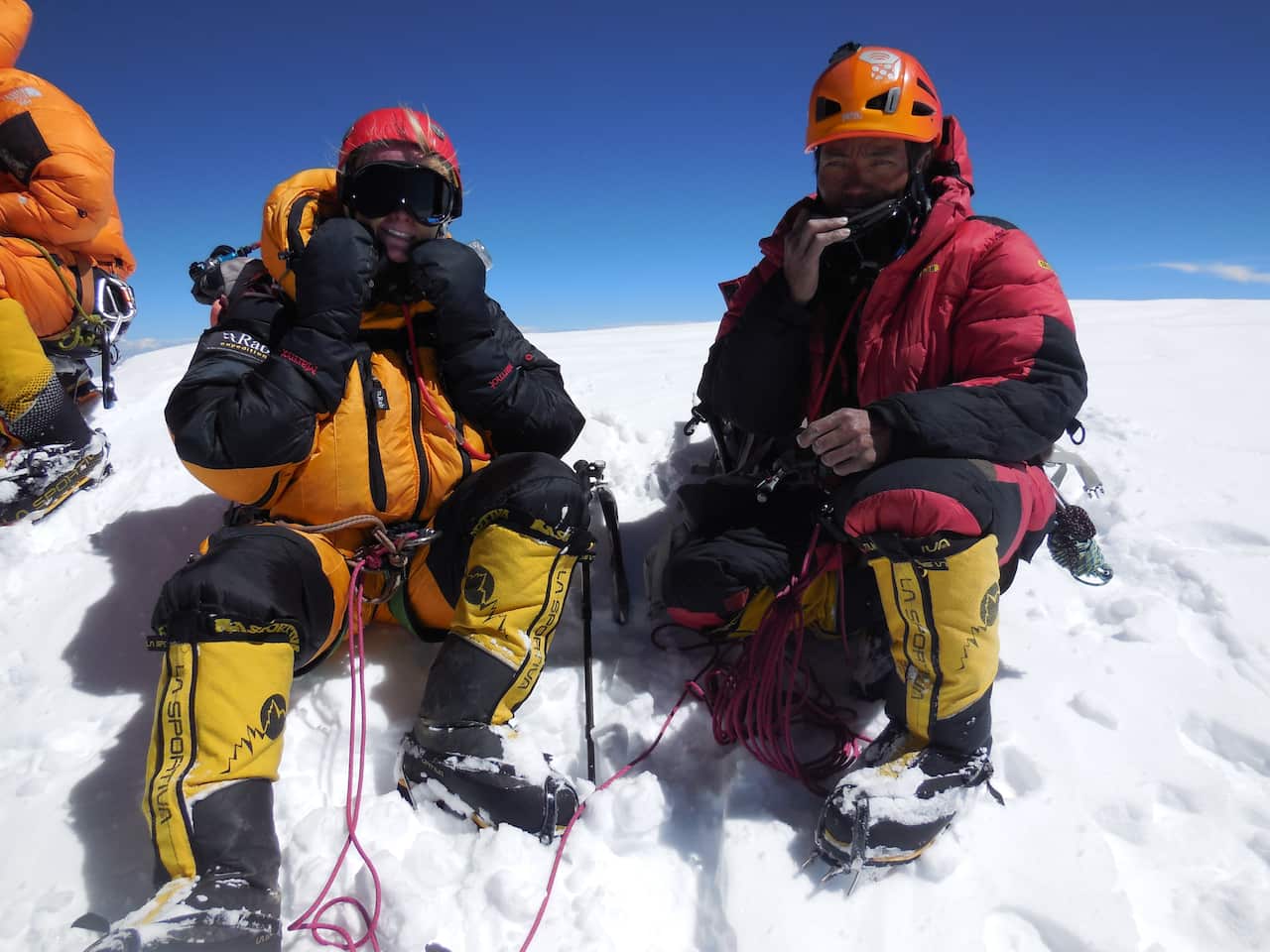           Mountaineer Chris Burke and Lakpa Sherpa at the K2 mountain summit in July, 2014.