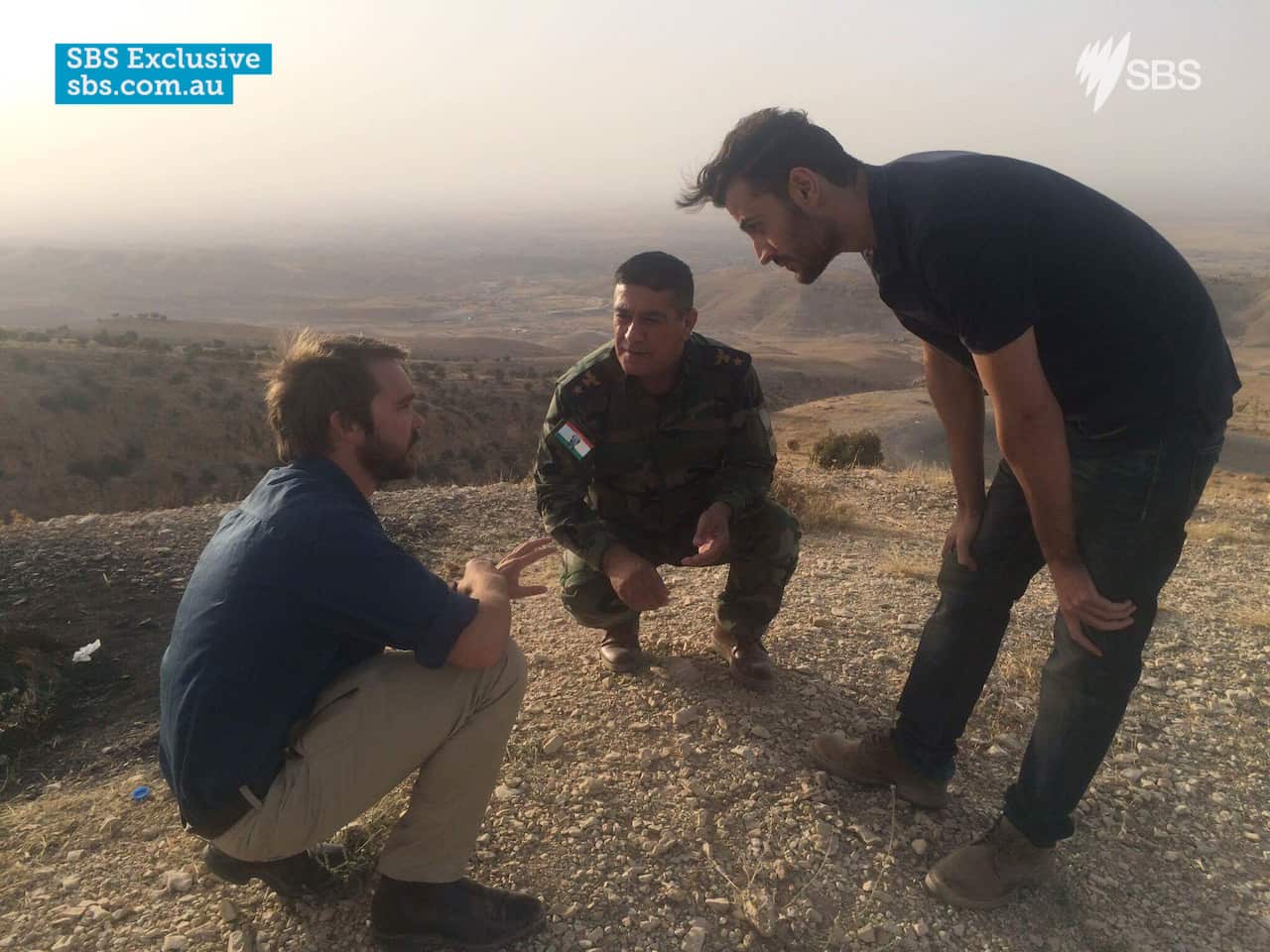 Wyatt Roy with a member of the Peshmerga in Sinjar area, west of Mosul, Iraq.