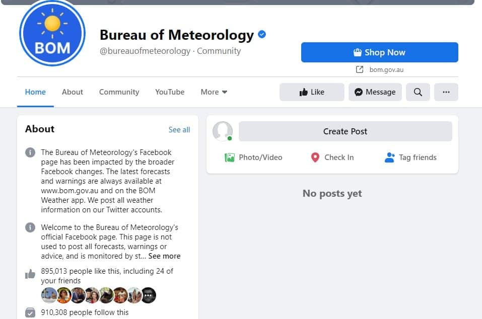 How the BoM's Facebook page appeared to viewers in Australia on Thursday morning, 18 February.