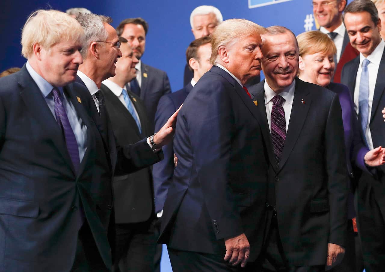 British Prime Minister Boris Johnson, NATO Secretary General Jens Stoltenberg, US President Donald Trump and Turkey's President Recep Tayyip Erdogan.