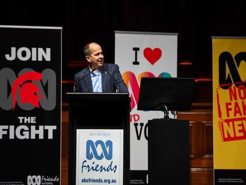 Journalist Peter Greste speaks during a Friends of the ABC rally