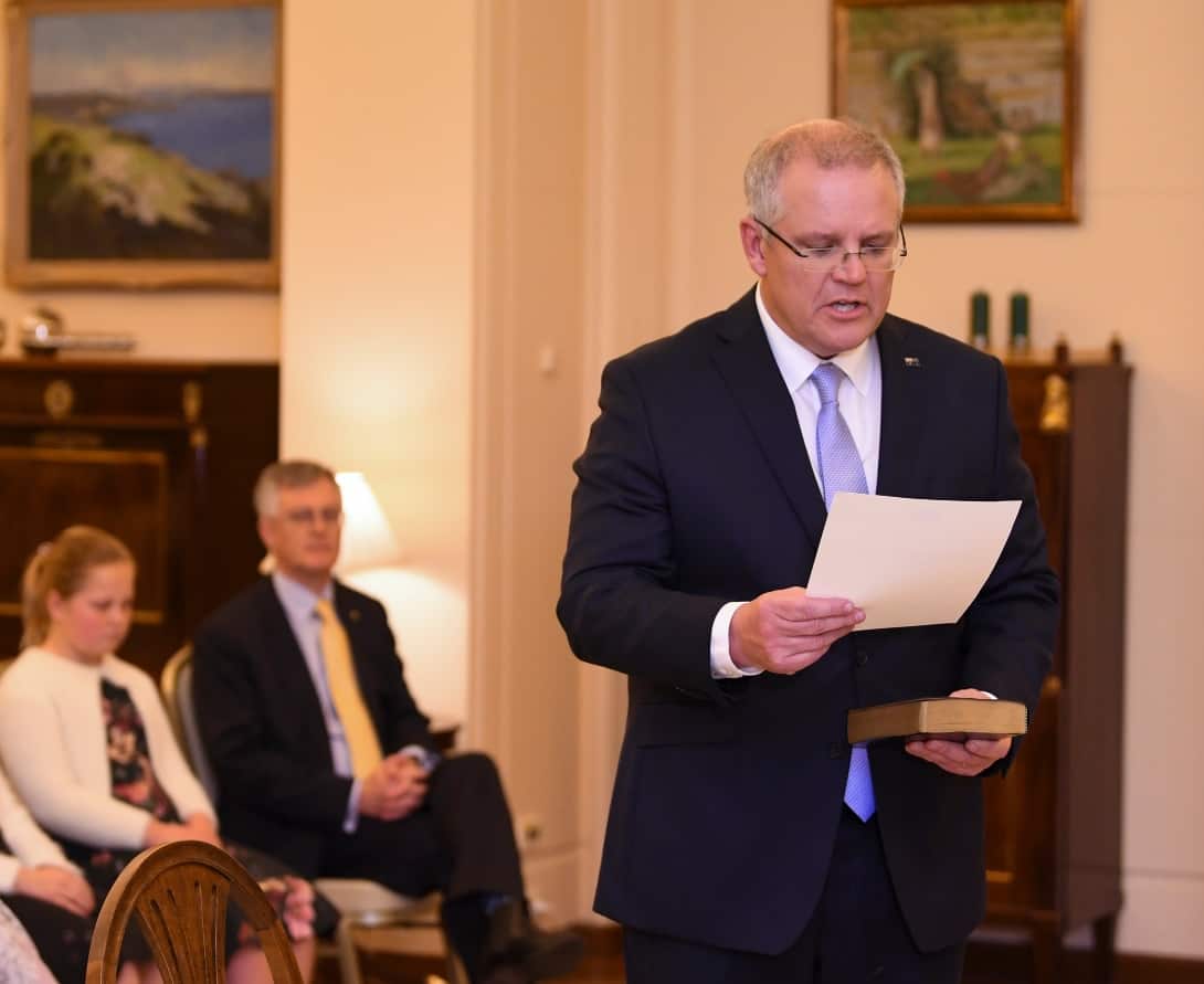 Scott Morrison is sworn-in as the 30th Prime Minister of Australia by Australian Governor-General Sir Peter Cosgrove 
