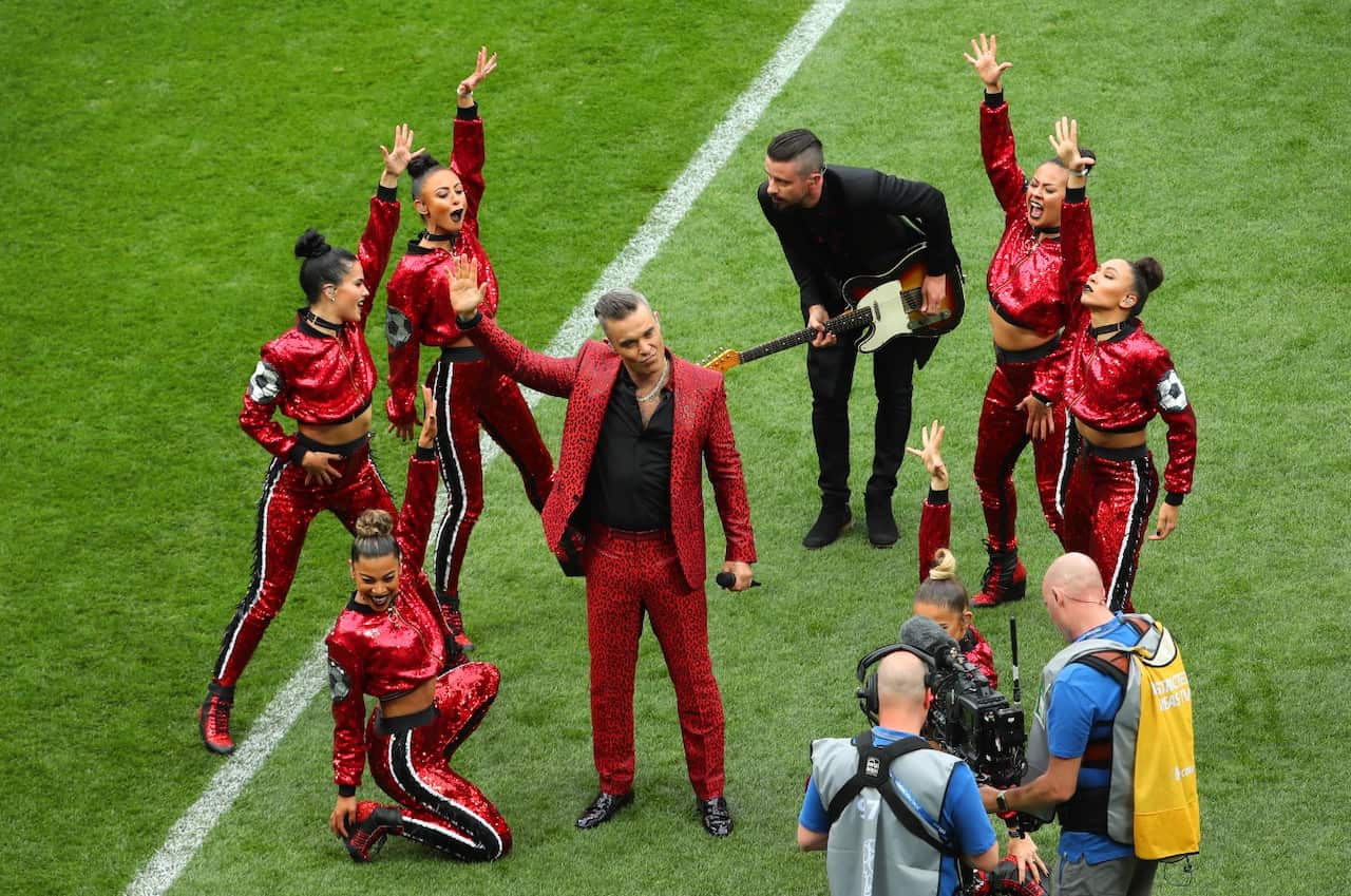 obbie Williams performs at the opening ceremony prior to the 2018 FIFA World Cup Russia group A match between Russia and Saudi Arabia at Luzhniki Stadium