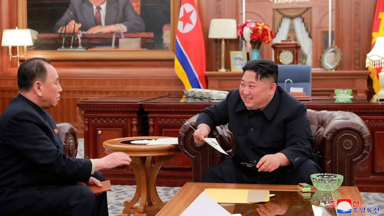 North Korean leader Kim Jong Un, right, meets Kim Yong Chol, who traveled to Washington to discuss denuclearization talks, in Pyongyang on 23/1/19,