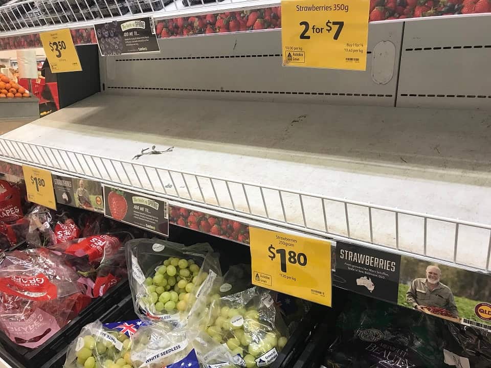 Empty shelves, normally stocked with strawberry punnets, are seen at a Coles Supermarket in Brisbane.