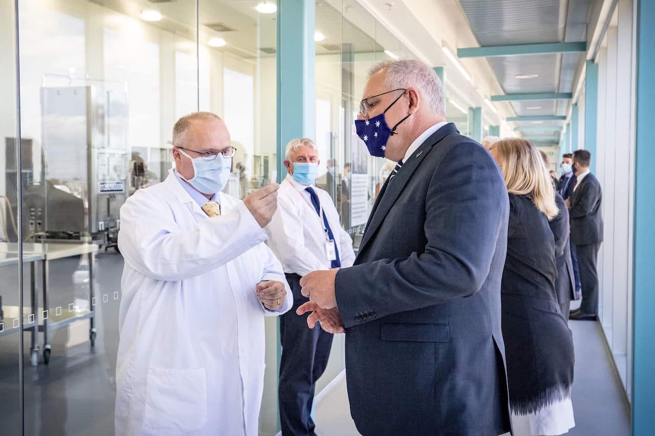 Prime Minister Scott Morrison is shown the CSL Lab where a COVID-19 vaccine is being produced in Melbourne.