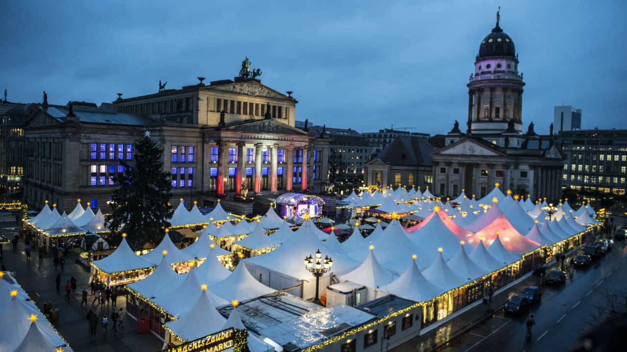 The Gendarmenmarkt Christmas market in Berlin, Germany.
