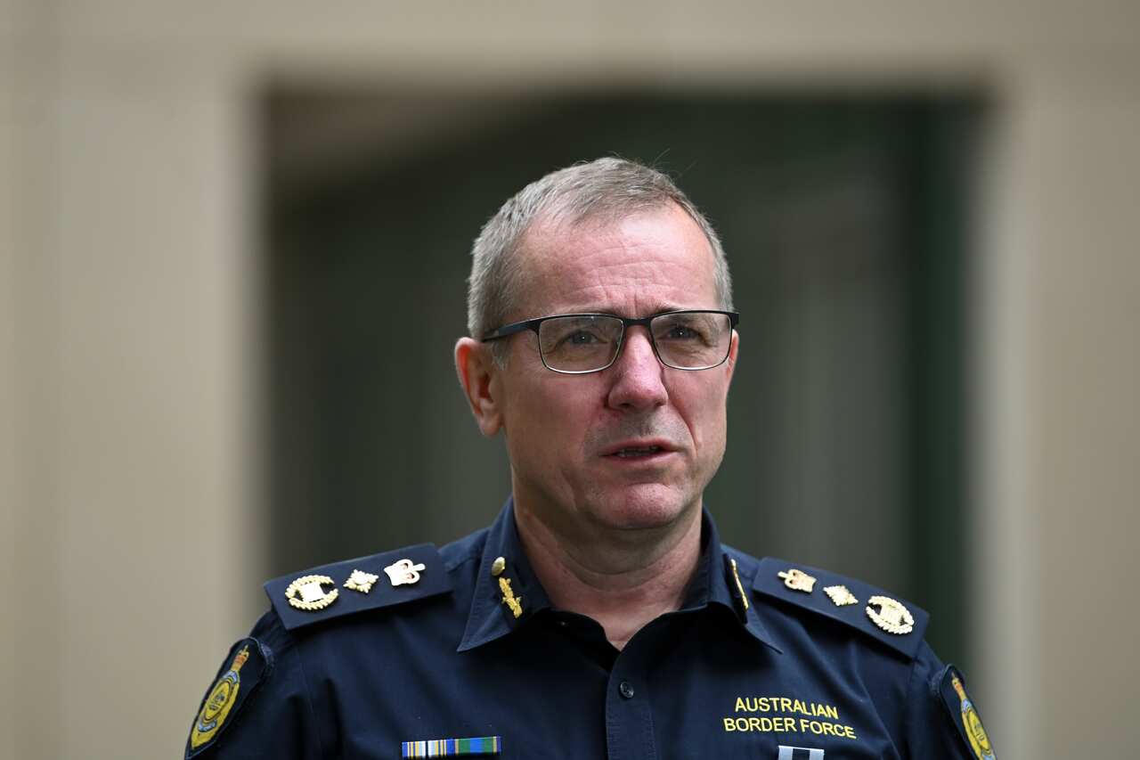 Australian Border Force Commissioner Michael Outram speaks to the media at Parliament House in Canberra in April.