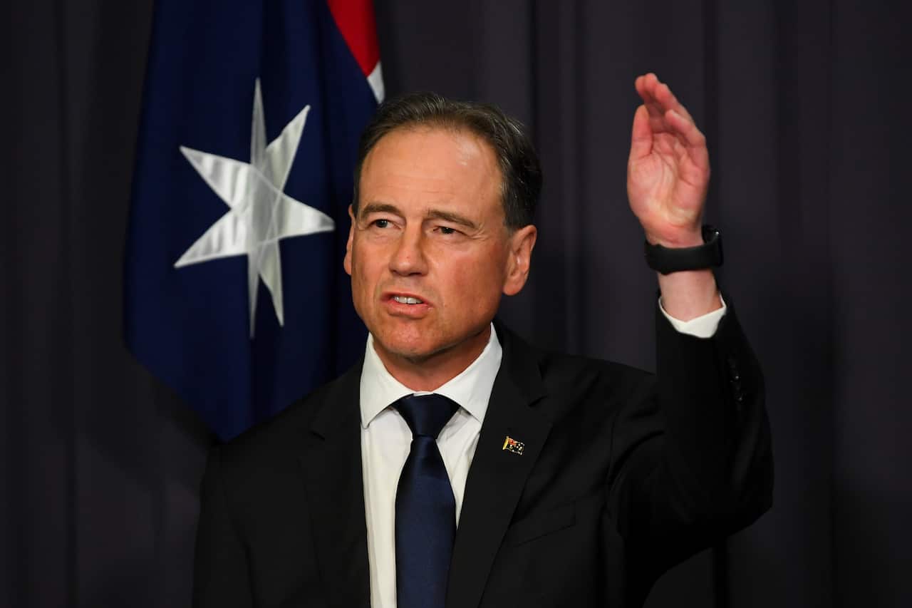 Australian Health Minister Greg Hunt speaks to the media during a press conference at Parliament House in Canberra, Monday, November 29, 2021. (AAP Image/Lukas Coch) NO ARCHIVING