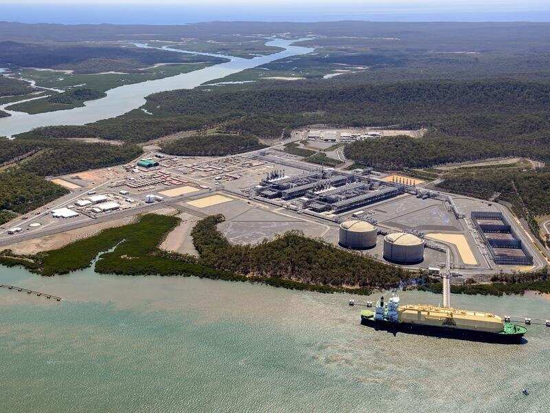 Aerial pic: tanker at Origin Energy LNG facility at Curtis Island, QLD