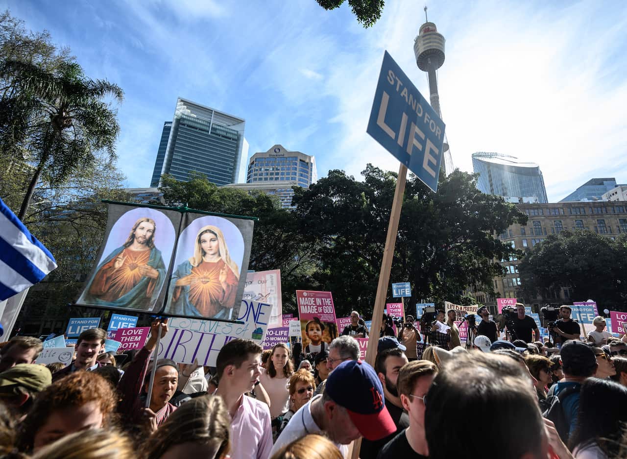 Protesters during an anti-abortion rally in Hyde Park, Sydney, Sunday, September 15, 2019. 