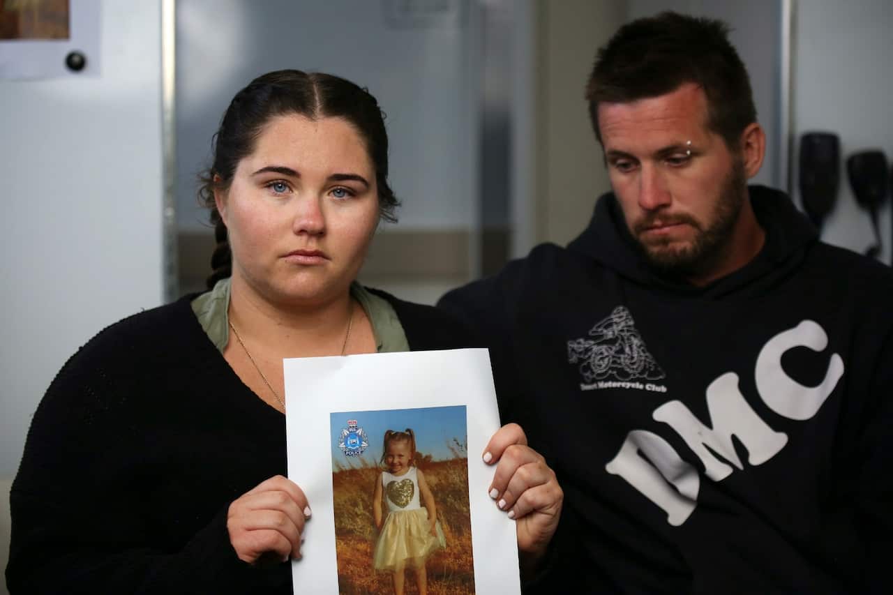 In this file photo, Cleo Smith’s mother, Ellie Smith, and her partner, Jake Gliddon, appeal for any information on the missing four-year-old.