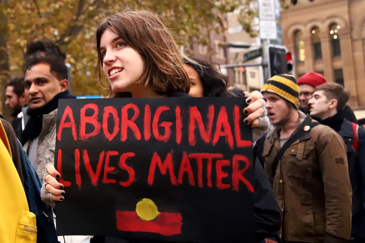 Protesters during the Black Deaths in Custody Protest at Town Hall in Sydney on Saturday in 2018.