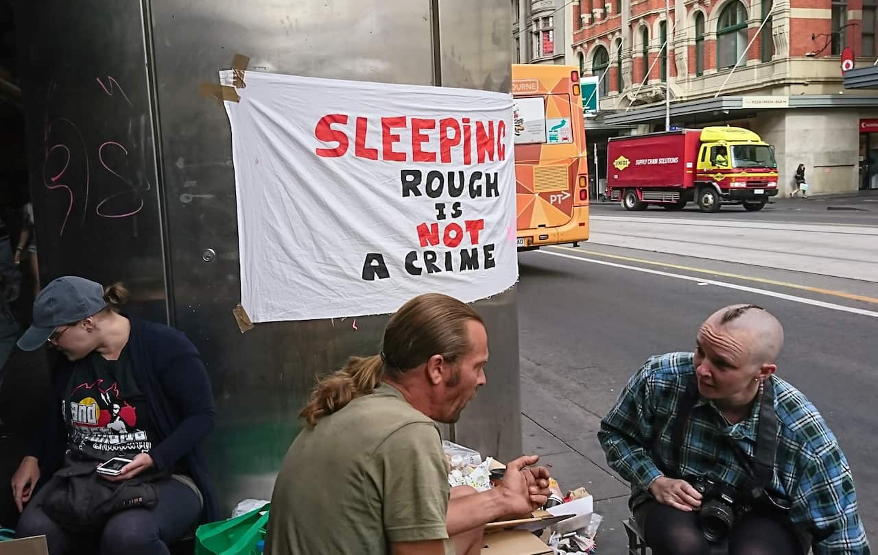 (File Image) Protesters at a homeless camp outside Melbourne’s Flinders Street in February 2017.