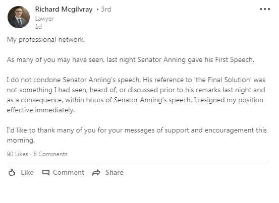 The post by Richard Mcgilvray on Linkedin