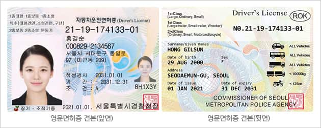 한국 영문 면허증 예시 