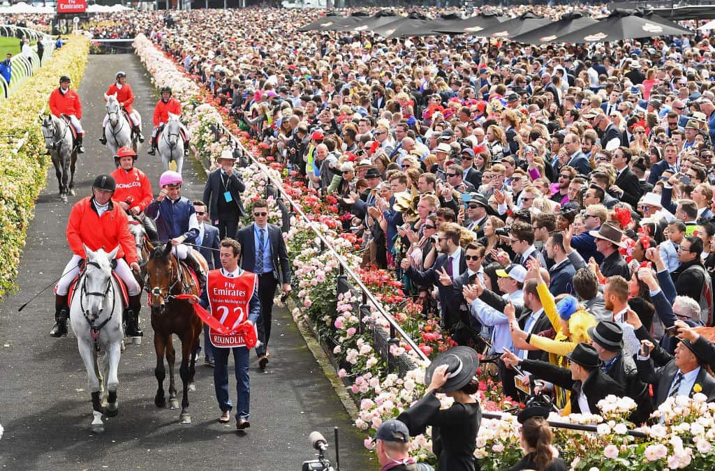 Corey Brown riding Rekindling celebrates as he returns to scale after winning the 2017 Melbourne Cup