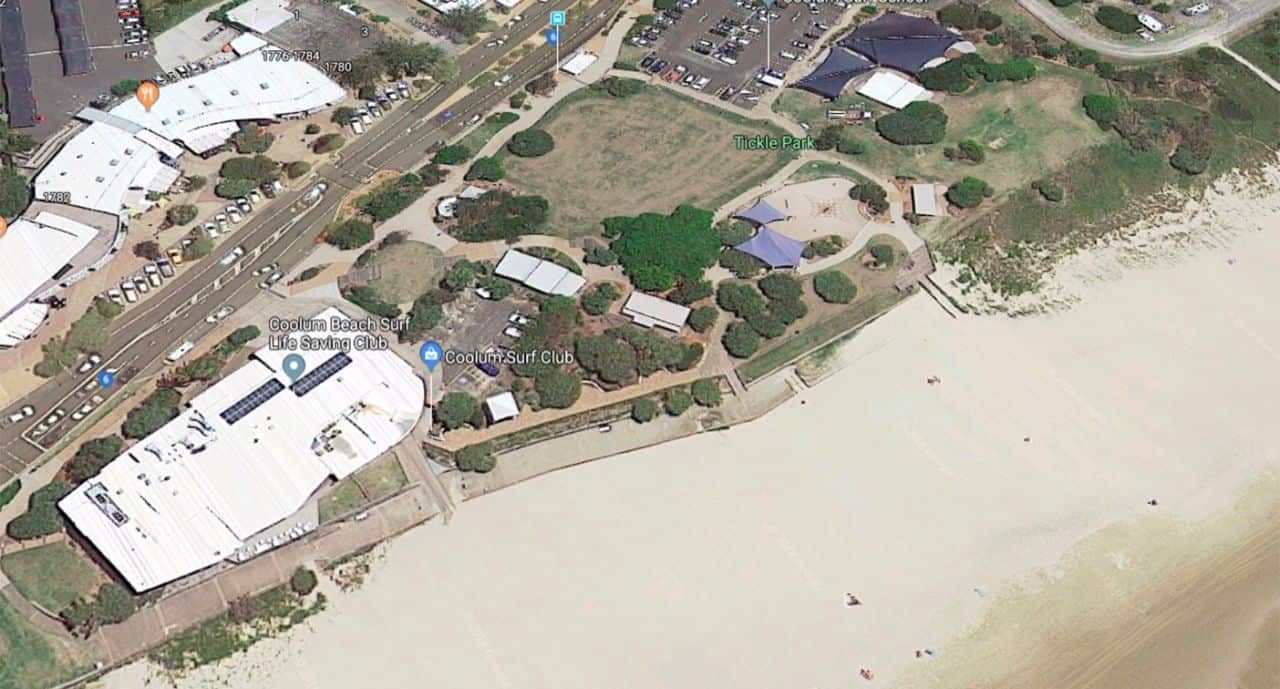 The toilet block where the incident occurred is located at the end of Tickle Park closest to Coolum Surf Club.