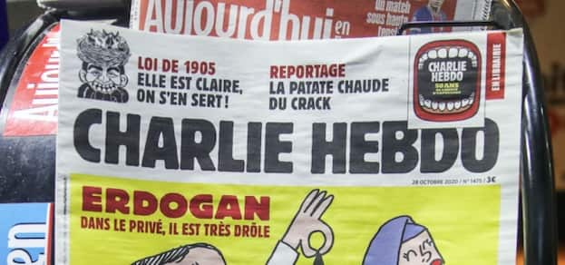 The new edition of the French satirical magazine Charlie Hebdo with a caricature of Turkish President Erdogan on its front page