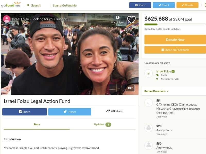 Israel Folau's online GoFundMe campaign