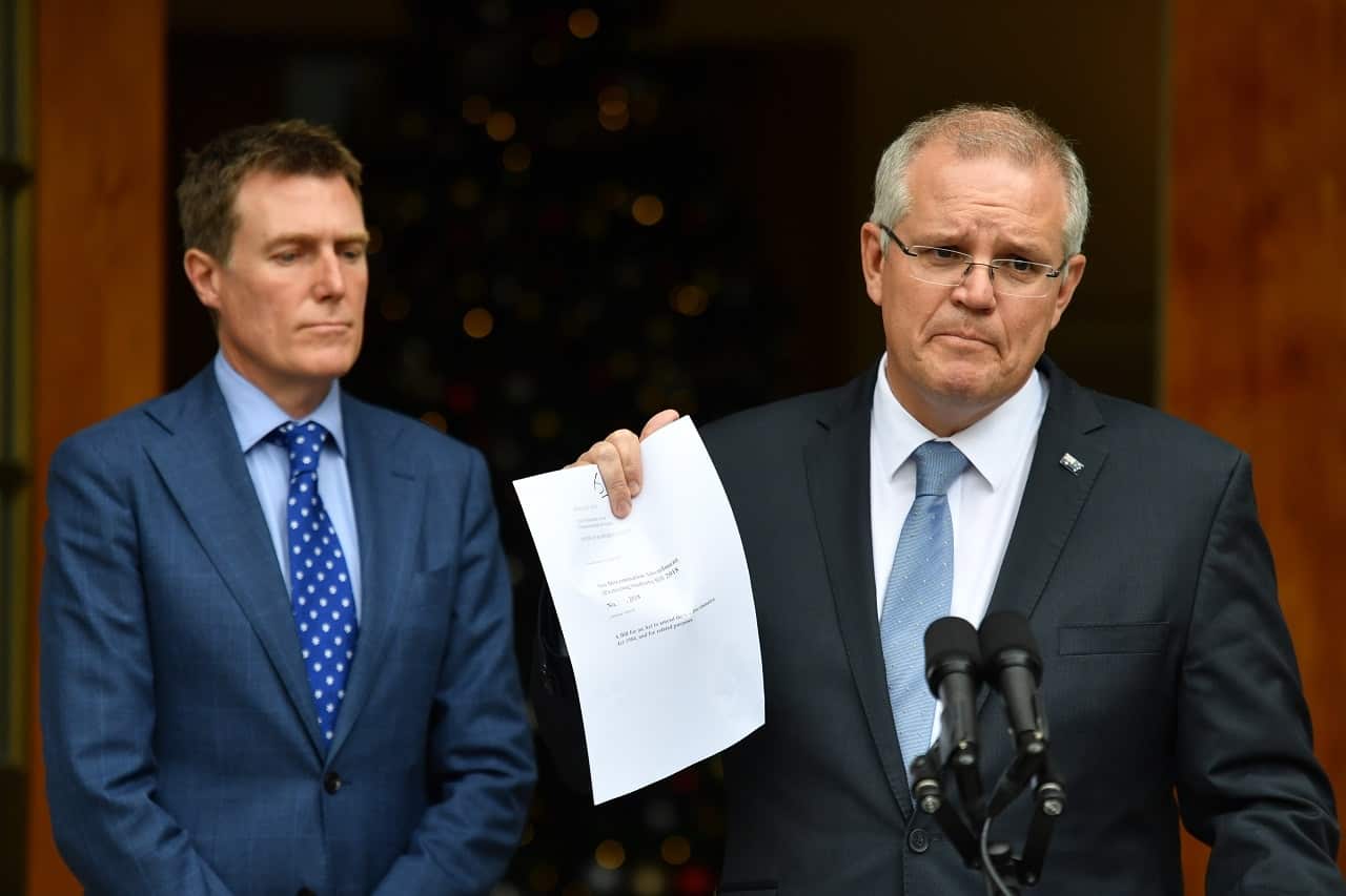 Attorney-General Christian Porter and Prime Minister Scott Morrison speak on religious freedom and gay students on Wednesday.
