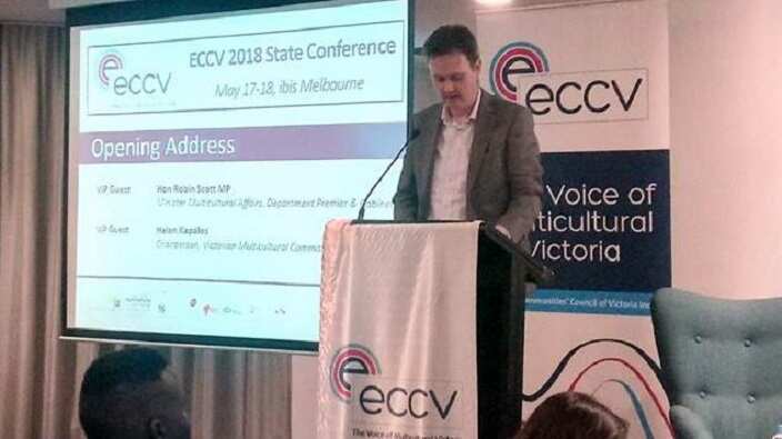 Victoria's Multicultural Affairs Minister, Robin Scott at ECCV 2018 Conference.