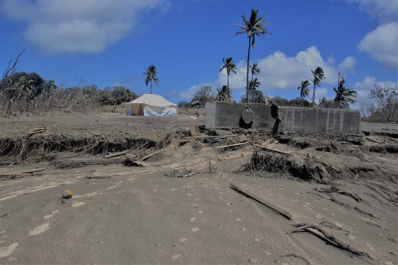 Temporary shelters set up with the aid of Red Cross teams in Kanokupolu, western Tongatapu, Tonga