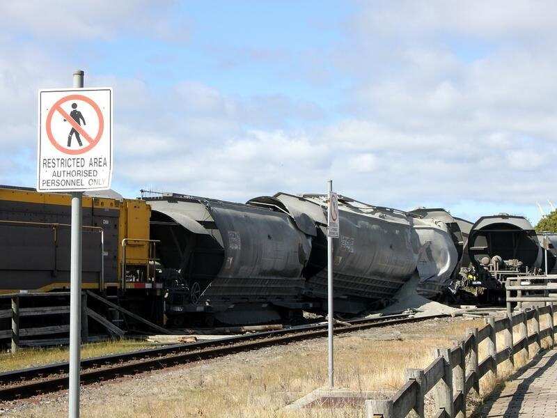 An image of the derailed train in Devonport,Tasmania.