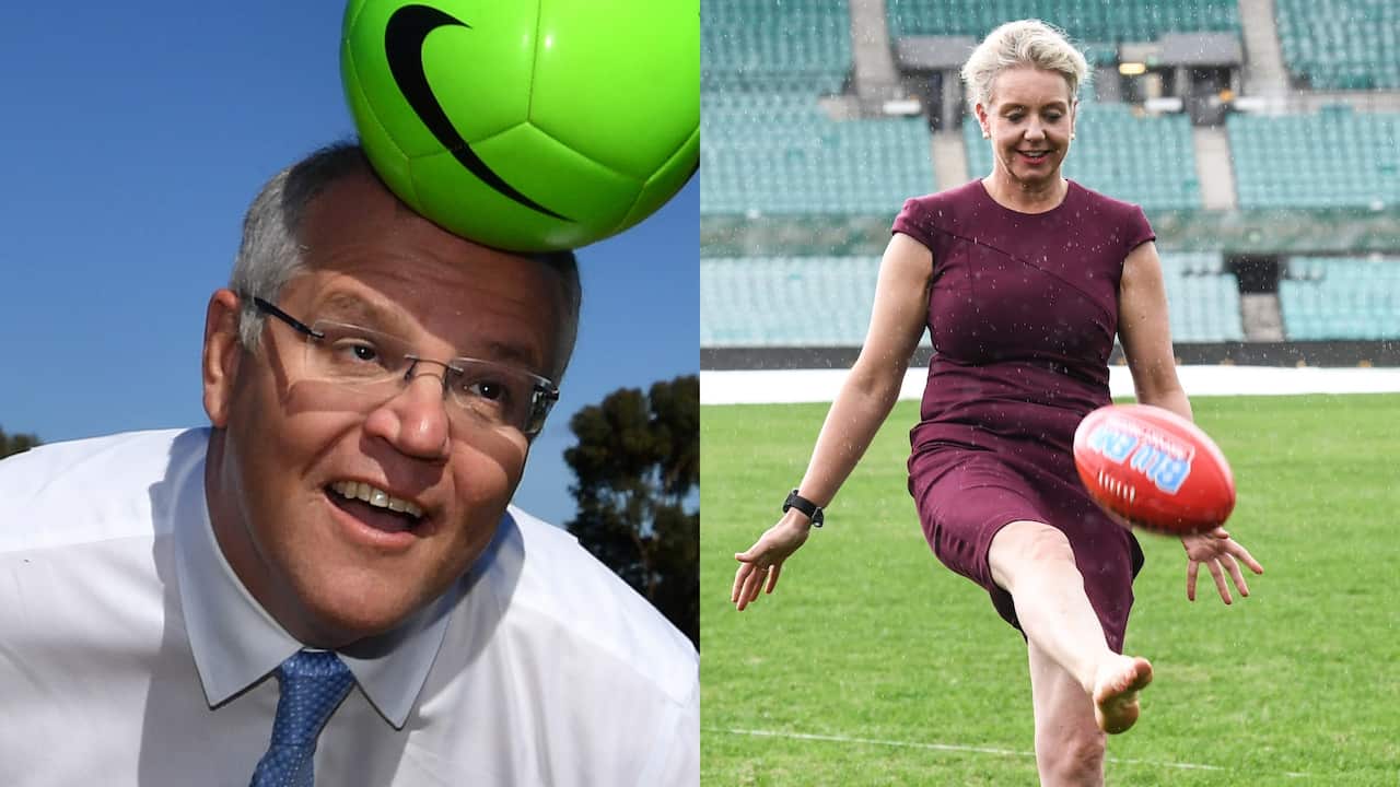 Scott Morrison heads a ball in 2019 (left), Senator Bridget McKenzie kicks an AFL ball in 2019 (right).