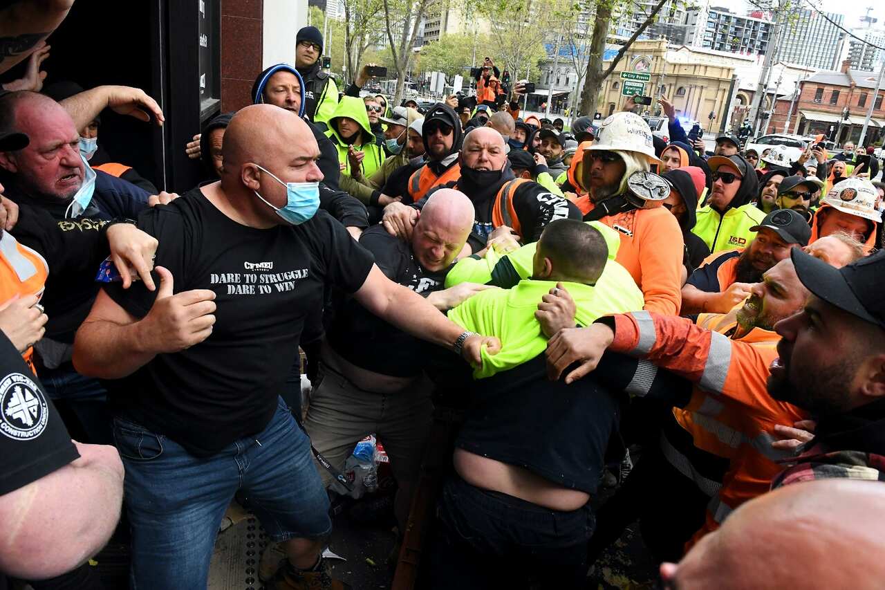 The Victoria Police riot squad were deployed after a protest spiralled out of control outside of CFMEU headquarters in Melbourne.