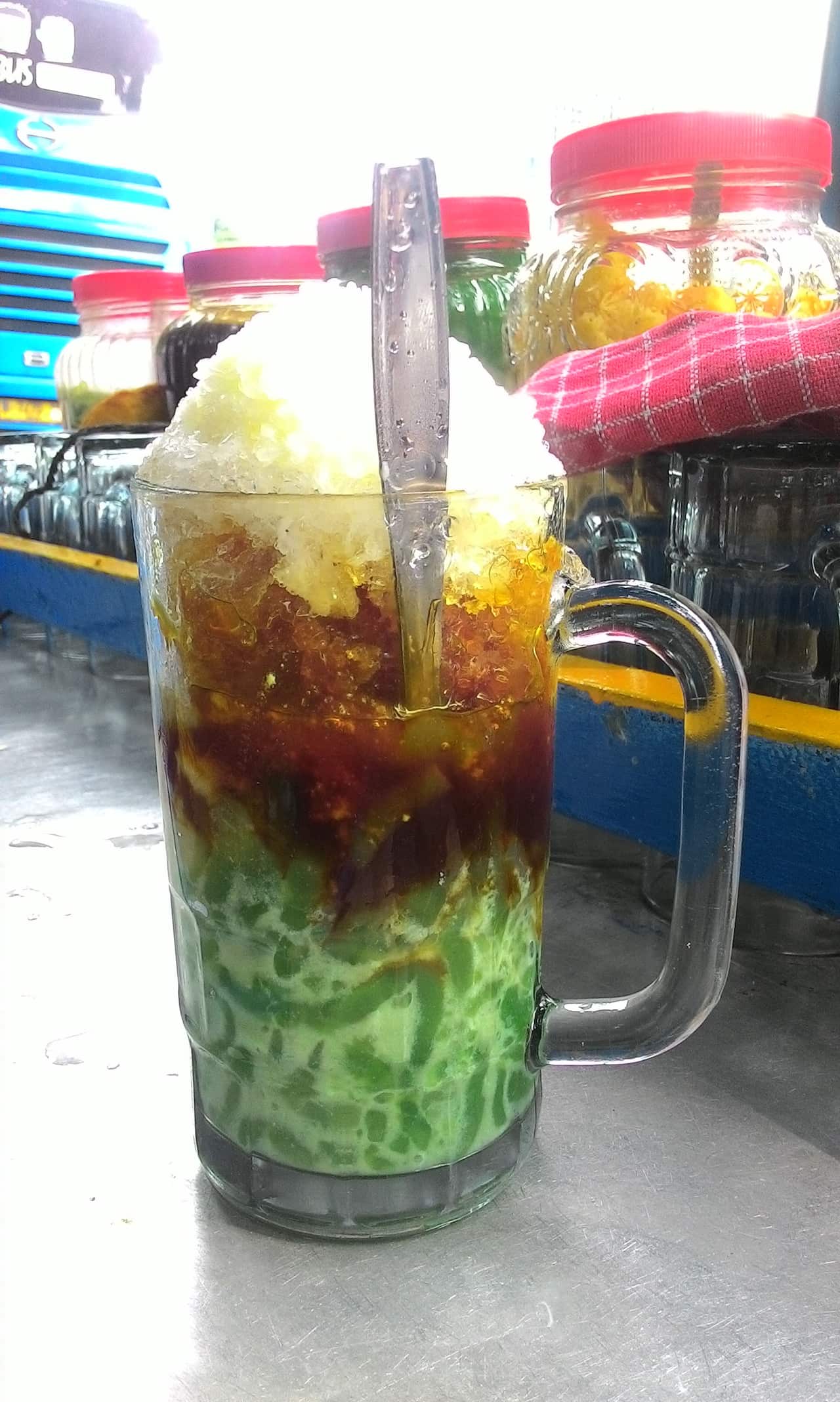 "Eis cendol" features shaved ice, tropical fruit, coconut milk and pandan flavoured "worms" made from mung bean flour.