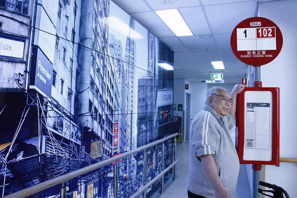 A genuine Hong Kong bus stop has been recreated within the Elderly Chinese Home.
