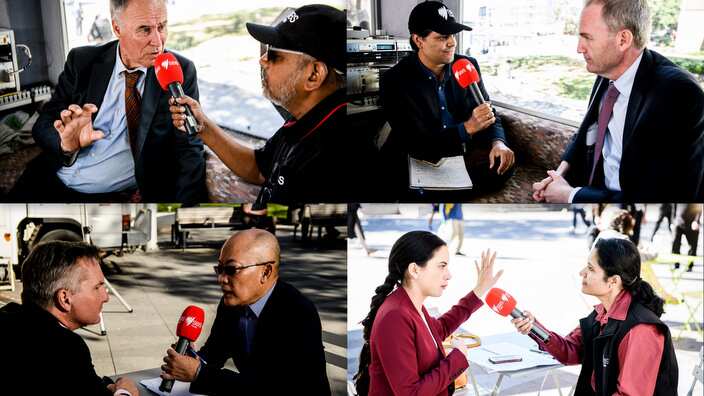 Candidates being interviewed at SBS Election Exchange event in Parramatta on May 7 2019.