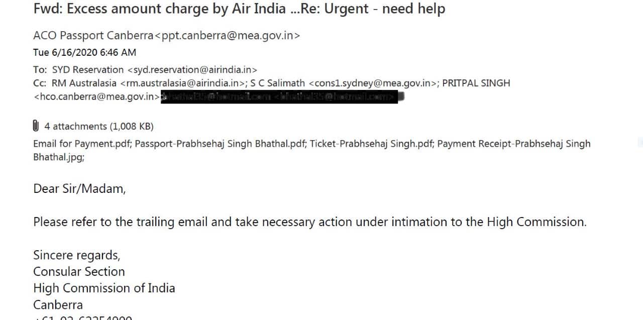 Email received from High Commission of India