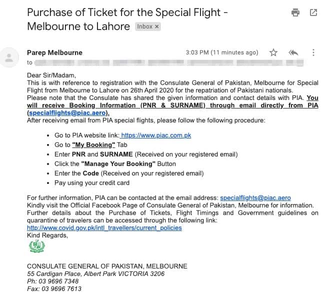 Email from Melbourne Consulate