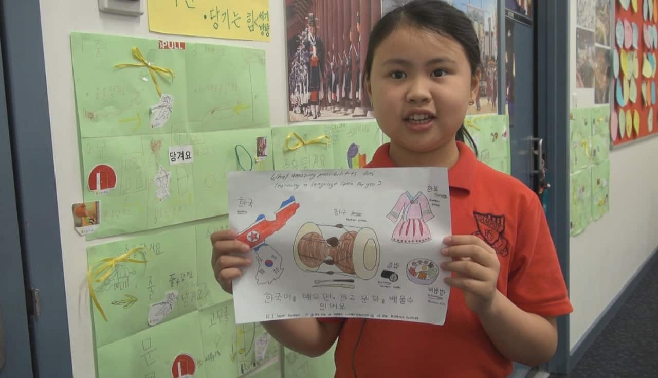 Christine Emily , Year 6 student at Campsie Public School says she can play a Korean drum